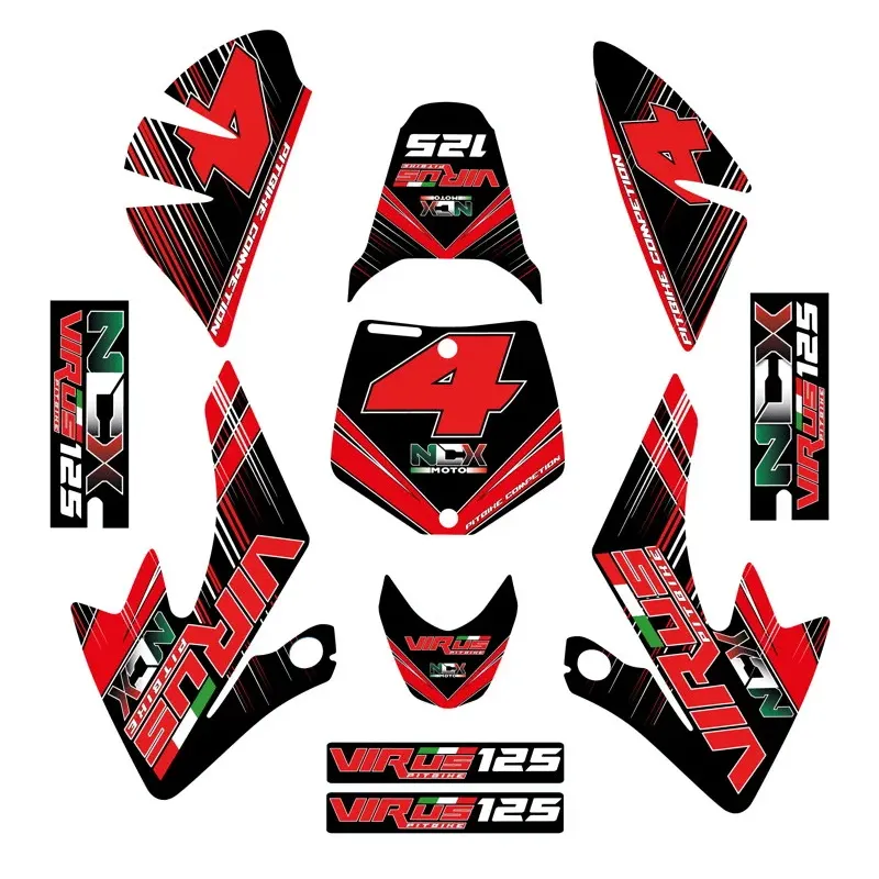 Kit Grafiche Originali NCX per Pitbike Virus Rosso Nero in Pvc 55 Micron