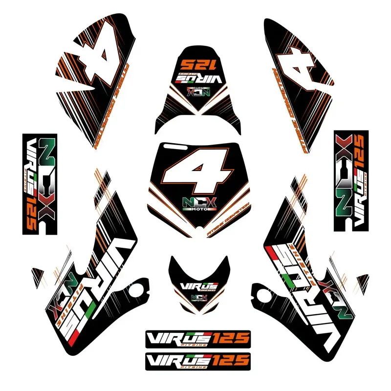 Kit Grafiche Originali NCX per Pitbike Virus Arancio Nero Bianco in Pvc 55 Micron